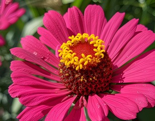 Photo of a bright pink flower with a yellow center consisting of many small petals. Water droplets are visible on the large outer petals, indicating recent rain or watering. Photo taken outdoors
