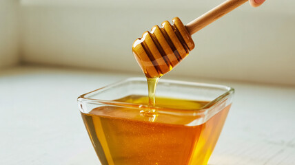 Rich golden honey flowing from a wooden dipper into a clear glass bowl, perfect for culinary and wellness themes.