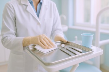 Dental Assistant Disinfecting Clinic Tray with Instruments ensuring hygiene and a pristine environment for optimal patient health and safety.