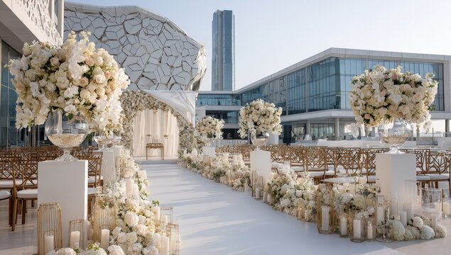Outdoor wedding ceremony with opulent floral arrangements