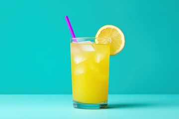 Refreshing yellow beverage in a clear glass with ice cubes, garnished with a lemon slice and a pink straw, set against a vibrant turquoise background for a summer vibe