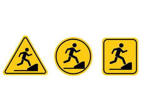 Warning signs with running person and step isolated on transparent background