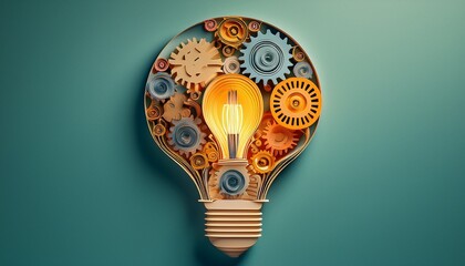layered paper cut style of a light bulb with intricate gears and cogs representing the concept of innovation creativity and the of new ideas