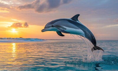 Naklejka premium Dolphin leaps at sunset over tranquil ocean