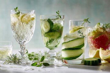 A collection of refreshing drinks garnished with cucumber and herbs ideal for warm summer days