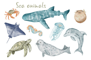 Sea animals hand-drawn watercolor clipart set with dolphin, whale shark, turtle, stingray, seal, jellyfish, crab, round pufferfish and seahorse isolated on transparent background