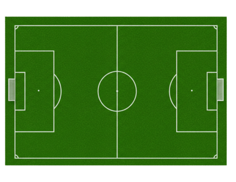 Top view of a green soccer field with white markings isolated on transparent background