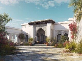 Obraz premium A large white building with a courtyard in front of it. The courtyard has a lot of plants and trees