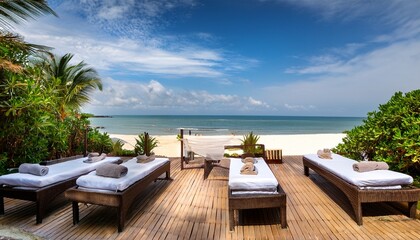 Fototapeta premium serene and luxurious beachfront spa pavilion with premium massage tables surrounded by lush tropical greenery and tranquil ocean views offering a relaxing and rejuvenating wellness retreat experience