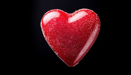 Fototapeta premium shiny red heart shaped candy with sugar topping isolated on a solid black background view