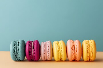 Colorful macarons arranged in a row on a soft beige surface, showcasing vibrant hues of green, purple, pink, yellow, and orange against a pastel blue background, perfect for dessert lovers