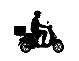 Silhouette of a delivery person on a scooter isolated on transparent background
