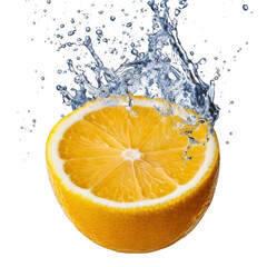 Lemon half with water splash , isolated on white and transparent background