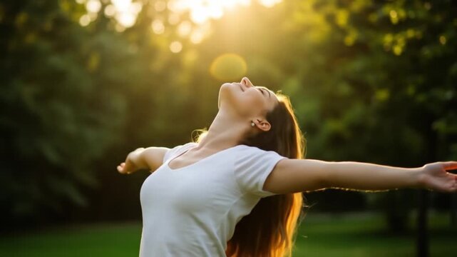 Woman embracing sunlight in lush green park