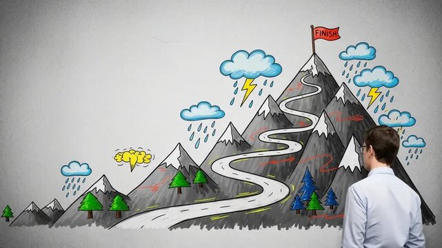 Man drawing mountain road to finish line with clouds and rain on a white wall background art