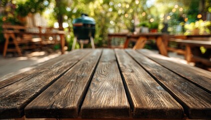 Fototapeta premium Outdoor wooden table in a garden setting