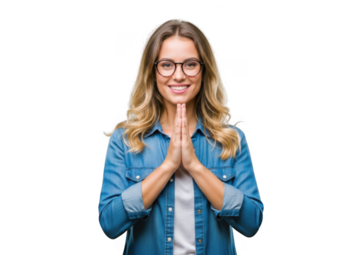 Smiling woman with glasses wearing denim jacket clasped hands praying gesturing namaste transparent background