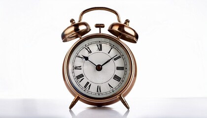alarm clock isolated on white background vintage retro timepiece with bell and metal classic design