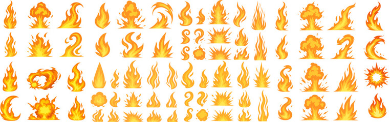 Large set of fiery cartoon flames, bursts, and explosions in bright orange vector style, perfect for UI, games, stickers, animation.