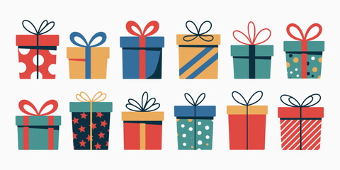 Christmas Gift Vector Set,  Flat Style Collection of New Year Presents and Gift Boxes with Ribbons, Holiday Illustration for Seasonal Celebration and Festive Design