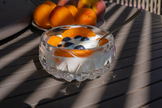 Yogurt with apricots and blueberries enjoying the summer sunlight.