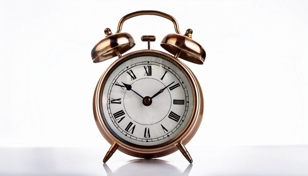 alarm clock isolated on white background vintage retro timepiece with bell and metal classic design