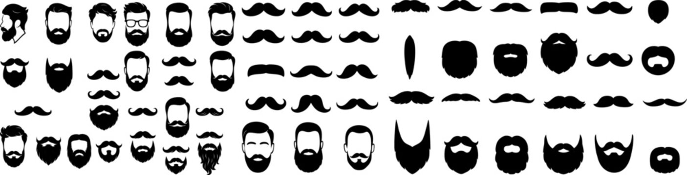 Large collection of men&rsquo;s beard and mustache silhouettes in black vector style, ideal for barbershop logos, avatars, grooming guides, and design elements.