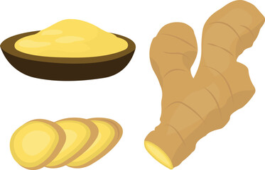 A fresh ginger root, sliced pieces, and ground ginger in a bowl. Perfect vector for culinary and natural remedy projects. Ideal for food, spice, and herbal uses. Ginger isolated on white background. 