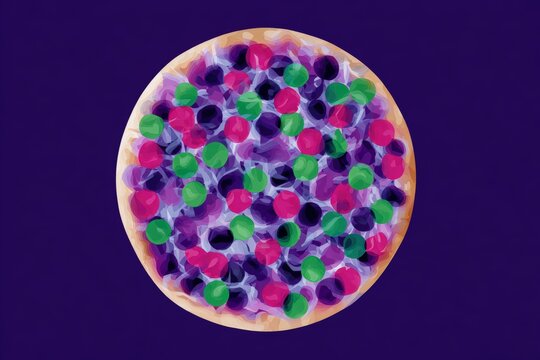 Colorful abstract pizza illustration featuring vibrant toppings on a golden crust, set against a deep purple background, showcasing a playful and artistic food concept