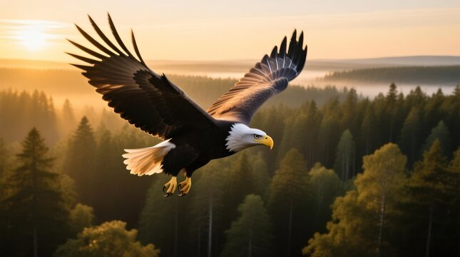 Majestic bald eagle soaring above a misty forest at sunrise
