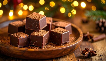 Delicious Dark Chocolate Squares on Wooden Plate with Holiday Lights