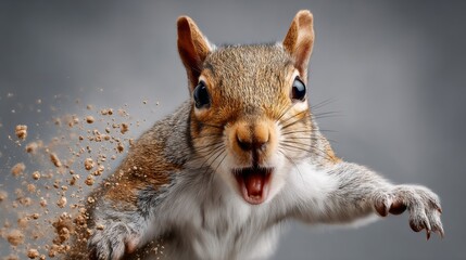 Obraz premium Squirrel with expressive face is leaping forward, scattering dirt and debris, showcasing its agility and energy in a dynamic pose against a blurred background, capturing the essence of wildlife moveme