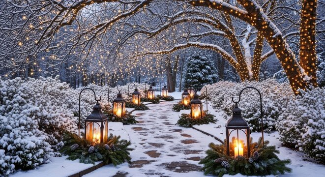 Enchanting Snowy Garden Path Illuminated by Lanterns and Twinkling Lights - Powered by Adobe