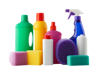 Colorful Cleaning Supplies and Sponges for a Sparkling Home isolated on a transparent background