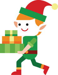 Cartoon Christmas Elf Carrying Stack of Gifts on Black Background Illustration