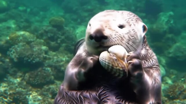 Otter eating shellfish underwater