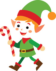 Cartoon Christmas Elf Walking with Candy Cane on Black Background Illustration