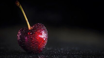 Close-up of a ripe cherry with water droplets, highlighting freshness and natural beauty on a dark surface.