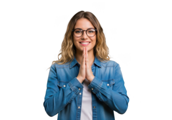 Young woman with glasses palms together in a prayerful gesture smiling at the viewer transparent background