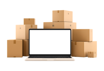 E-commerce and Online Delivery: Laptop with Blank Screen and Stack of Cardboard Boxes isolated on a transparent background