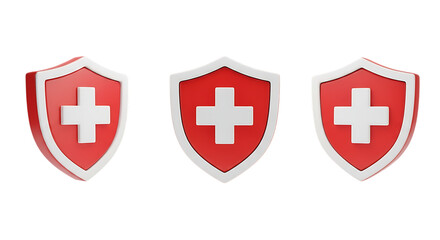 Three red shields with white cross isolated on transparent background
