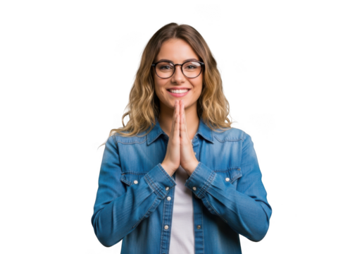 Young woman with glasses palms together in a prayerful gesture smiling at the viewer transparent background - Powered by Adobe