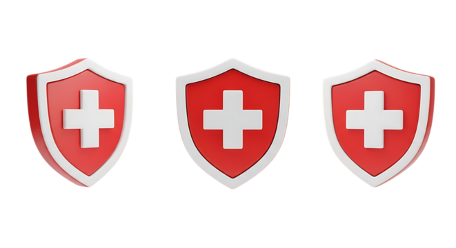 Three red shields with white cross isolated on transparent background
