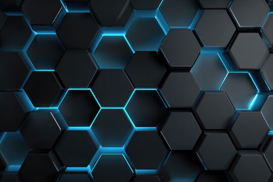 Dark gray hexagonal panels, illuminated with bright blue lines