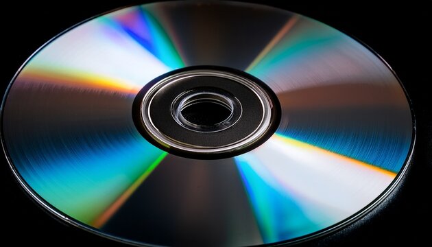 close up shot of a compact disc with a black background showing its reflective surface and center hole