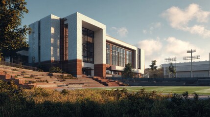 Modern high school building with wide entrance, spacious sports field, and contemporary architecture under clear blue sky, symbolizing education, learning environment, and community campus.