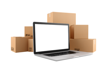 Laptop and Stacked Cardboard Boxes for Online Shopping and Delivery Services isolated on a transparent background