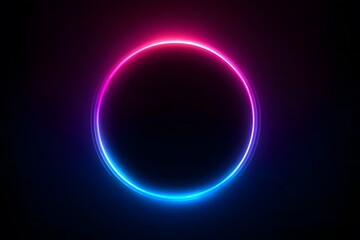 Obraz premium Neon light effect with a glowing circular frame on a dark background. The blue and pink neon glow forms the shape of an empty ring,