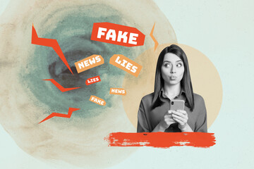 Trend banner collage of person use gadget on grey background with fake lies phrase
