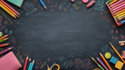 Playful school background with green chalkboard, hand-drawn education doodles, colorful stationery supplies, learning concept, and back to school theme